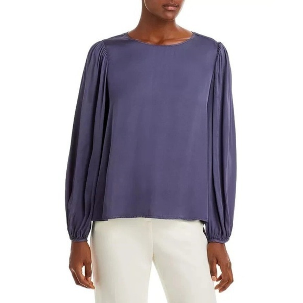 Velvet by Graham & Spencer Women's Leila Puff Sleeve Satin Blouse Blue S NWT